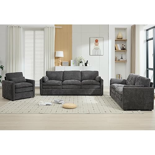 Merax 6 Seats Sofa Set, 3 Pieces Oversized Cozy Sofa Set with Double Plush Cushion, Comfy Upholstered Cloud Couches for Living Room, Grey