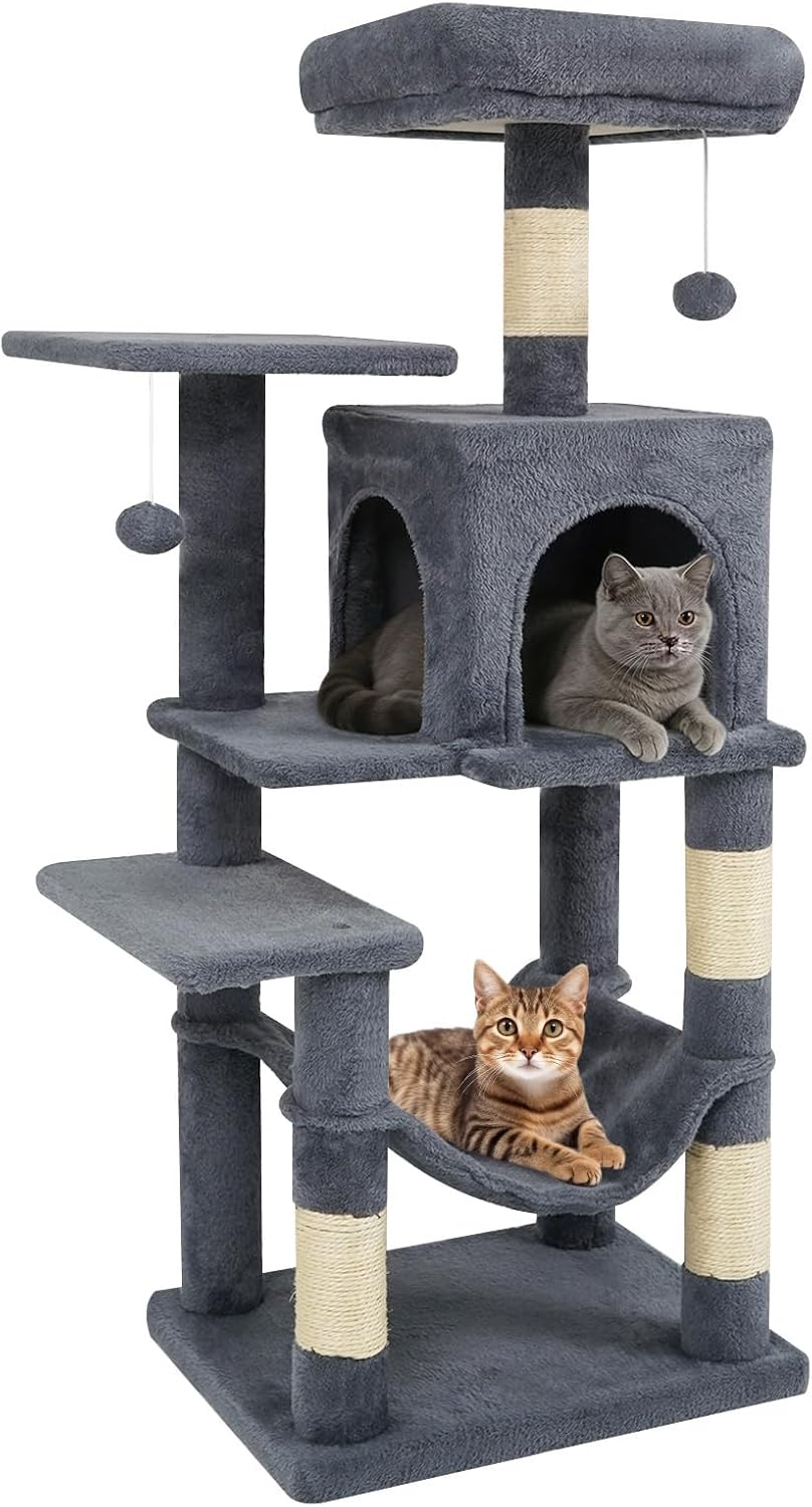 Tangkula Cat Tree Tower, 44 Inch Multi-Level Cat Tower with Sisal Scratching Posts, 2-Door Condo, Padded Top Perch & Hammock, 2 Hanging Balls, Jumping Platforms for Indoor Cats (Gray)