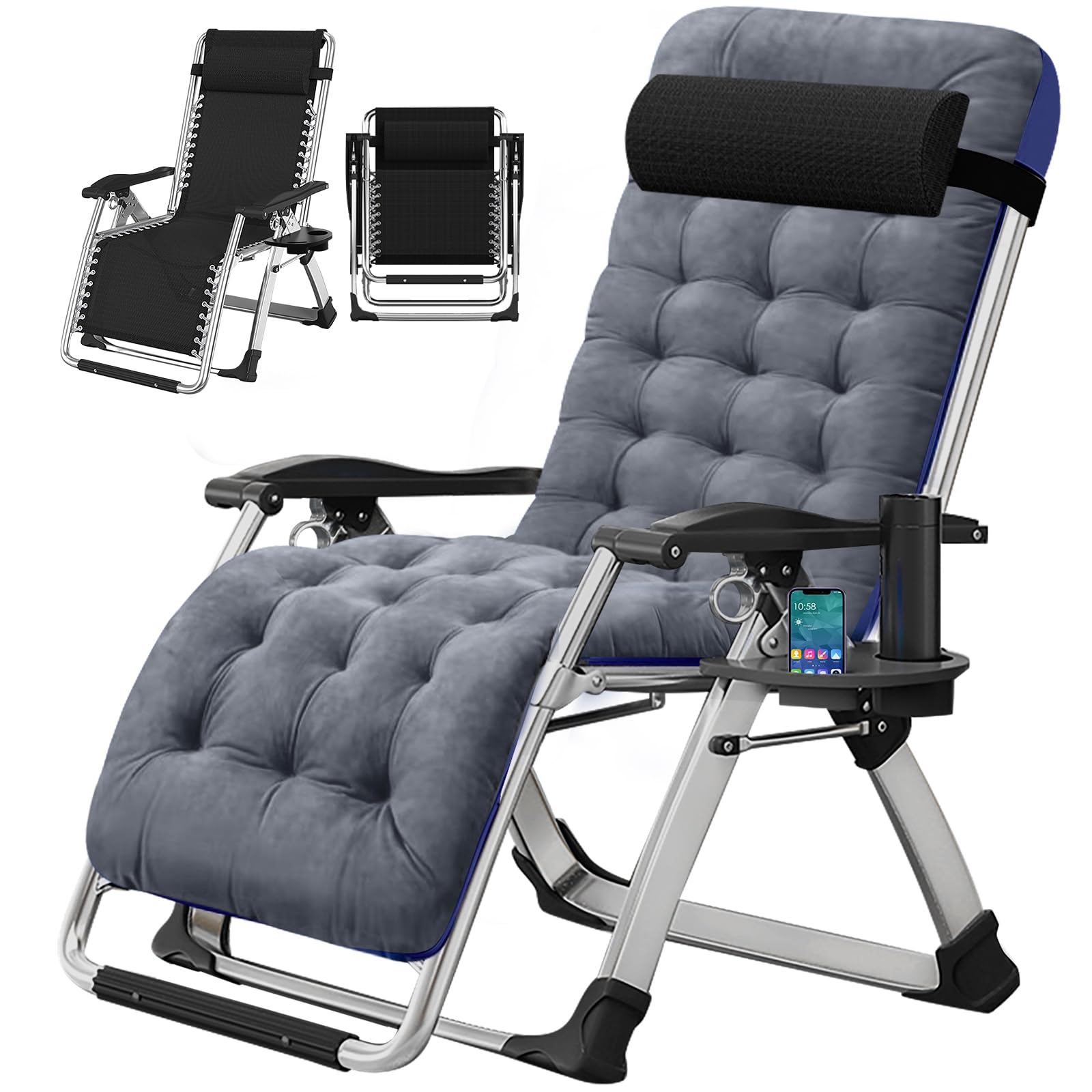 Obqer Folding Zero Gravity Chair, 200KG Heavy Duty Sun Lounger, Adjustable Garden Recliner with Cushion and Side Holder, Extra Wide, Sun Loungers for Garden Terrace Patios (Gray)