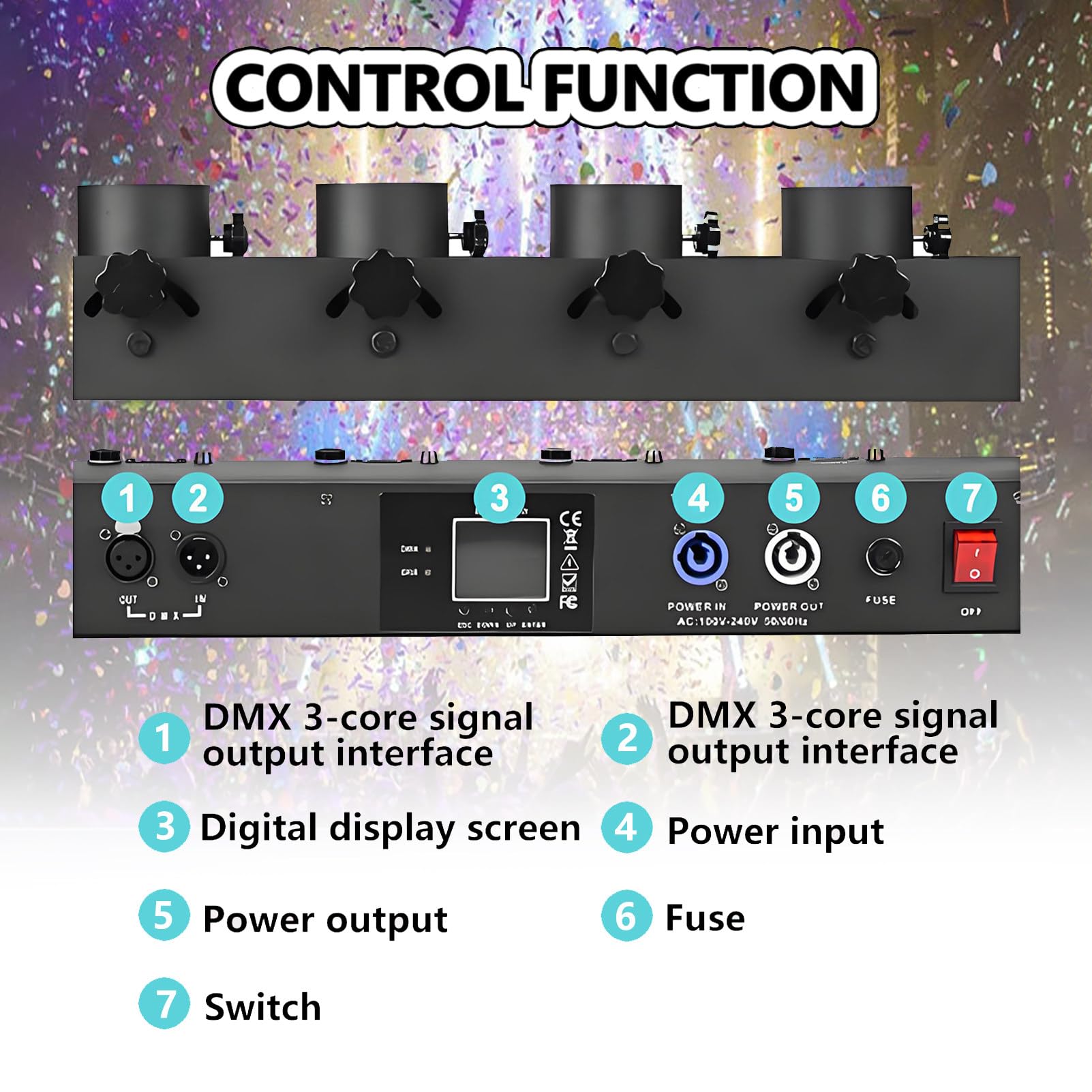 Elektrische Konfettikanone mit DMX/Fernbedienung, Professionelle Konfettiwerfer, Elektrischer Konfettiblaster, 25 Konfetti Shooter 80cm für Hochzeits-Disko-Show-Club-Bühnenparty 1shot-25pcs