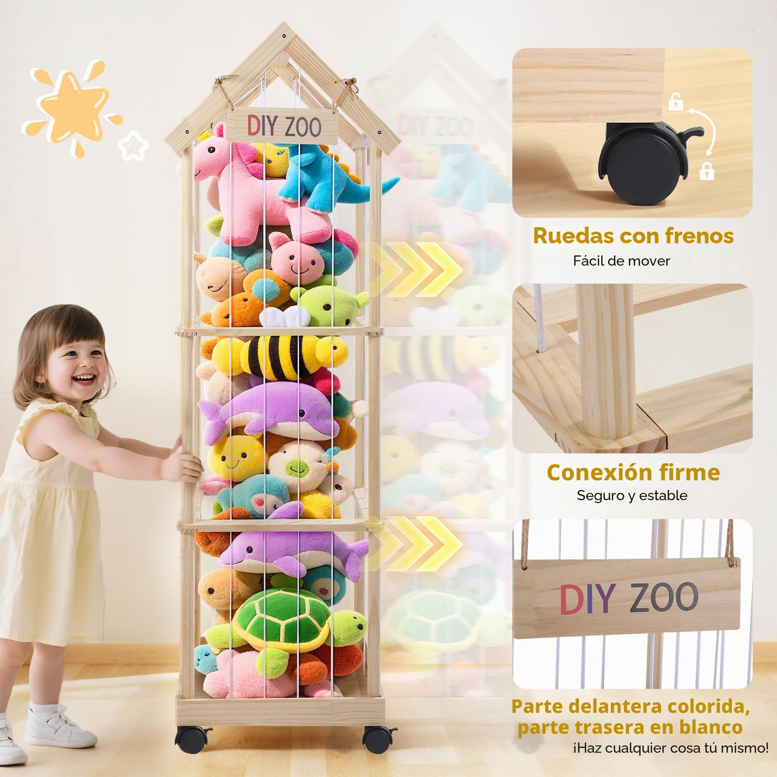 Caja de Almacenamiento para Peluches, 146 47x35CM de Madera Maciza con Ruedas Giratorias Bloqueables de 360°, Ideal para Habitaciones de Bebés, Salas de Estar
