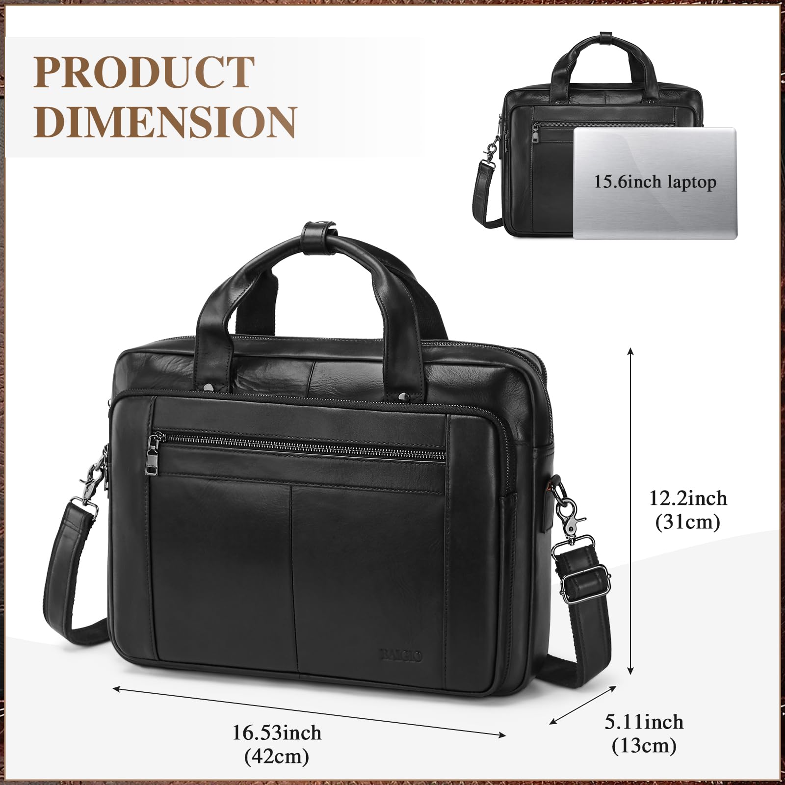 BAIGIO Herren Aktentasche Leder Laptoptasche Business Handtasche Arbeitstasche Groß Umhängetasche Ledertasche Männer Businesstasche Schultertasche Klassische Messenger Tasche 15,6 Zoll Laptop, Schwarz