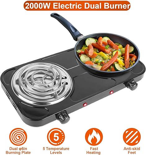 Miniatura 2 de KOCASO Quemador doble eléctrico eléctrico de doble quemador de 2000 W, calefacción de bobina portátil, estufa de placa calefactora para encimera RV