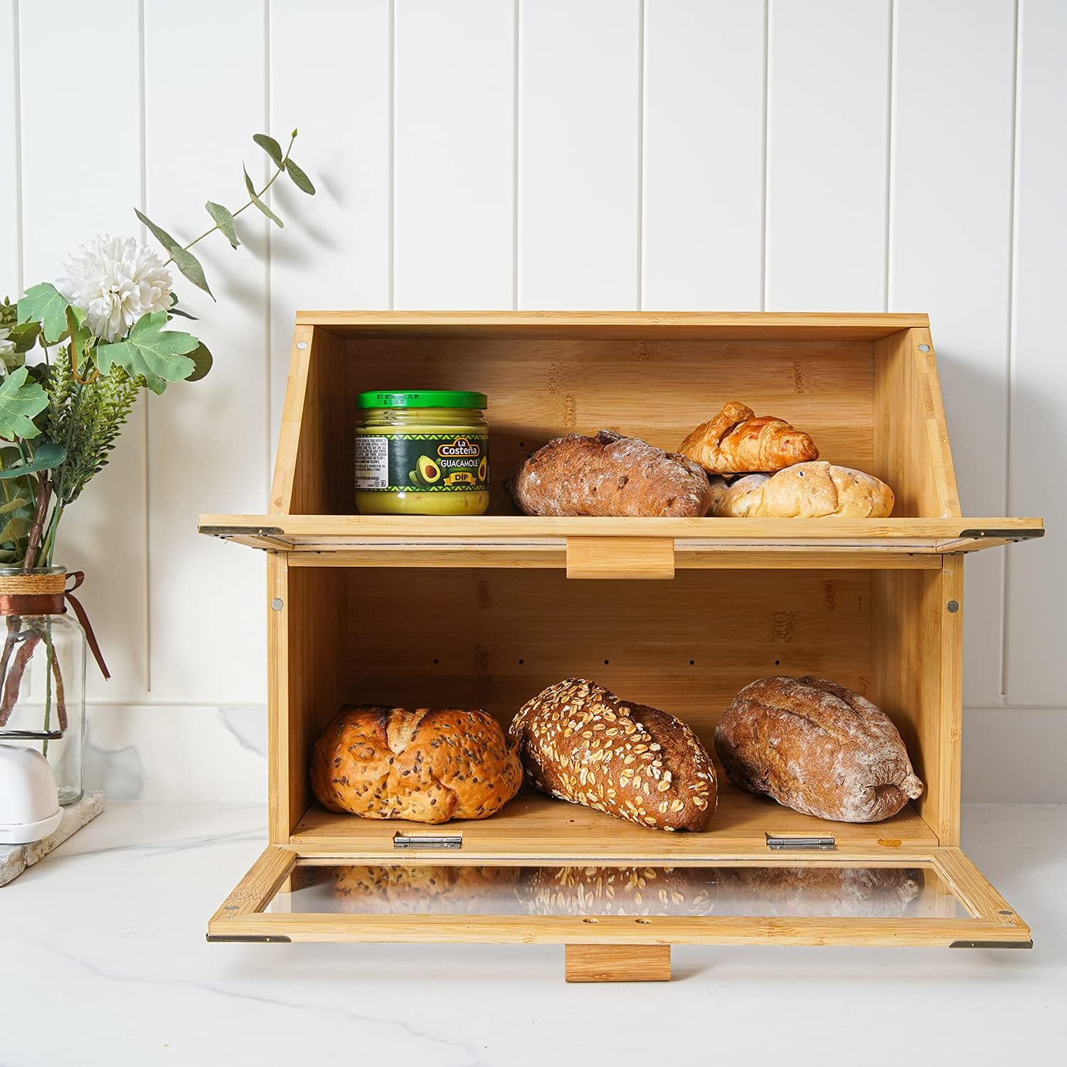 MIXC Bread Box for Kitchen Countertop, Bamboo Double Layers Large Bread Boxes, Plastic Panels Food Storage Box for Kitchen Counter Decor