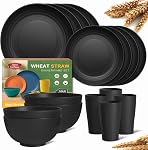 Teivio 16-Piece Plastic Wheat Straw Dinnerware Set for 4, Dinner Plates, Dessert Plate, Cereal Bowls, Cups, Unbreakable Plastic Dinner Set Outdoor Camping Dishes, Black Vaisselle Cuisine