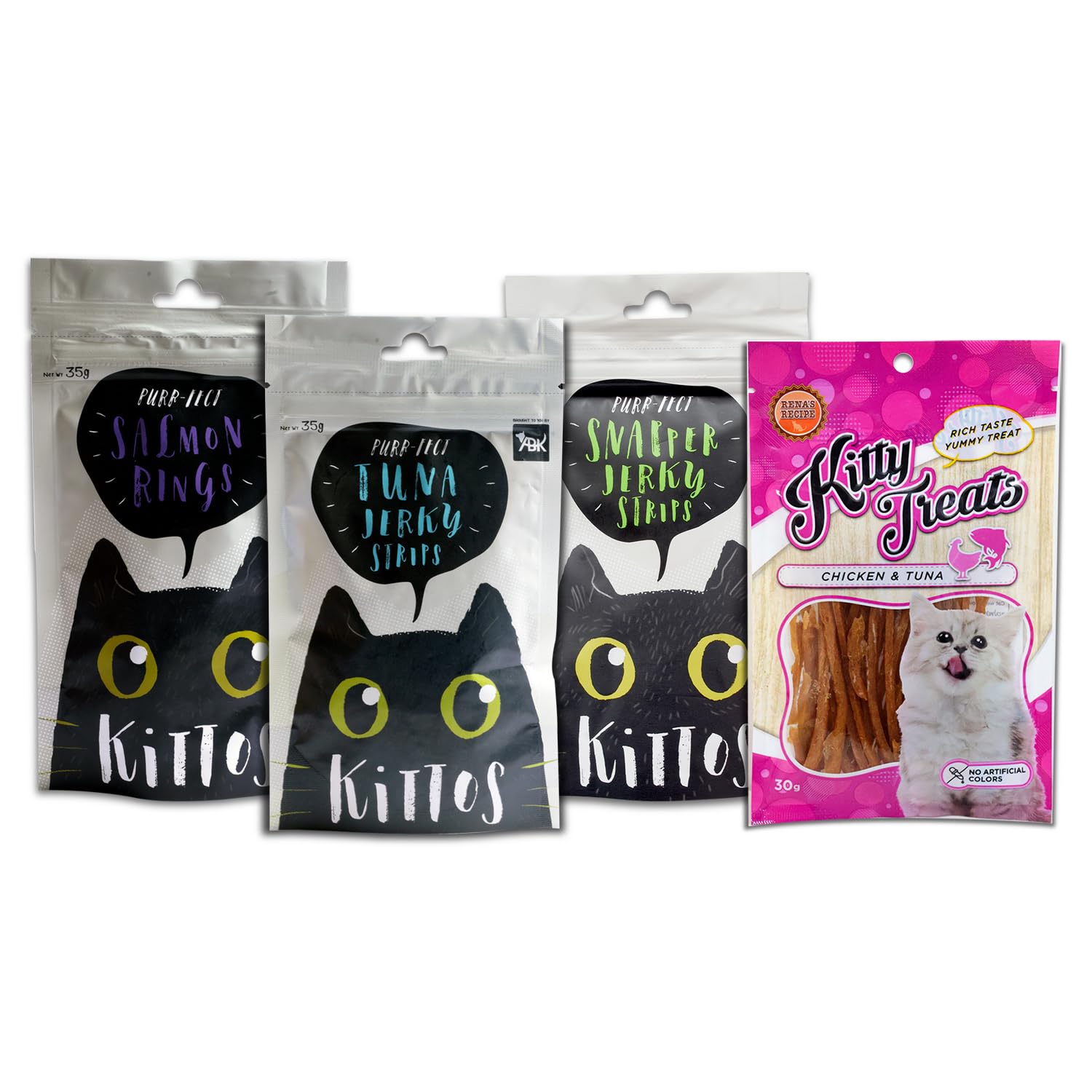 Combo Pack of Cat Treats, Variety of Flavors Available (Kittos Salmon Rings, Kittos Snapper Jerky Strips and Tuna & Cataholic Kitty Treats Chicken) (Pack of 4) (B09MW9VKT9) Amazon Price History, Amazon Price Tracker