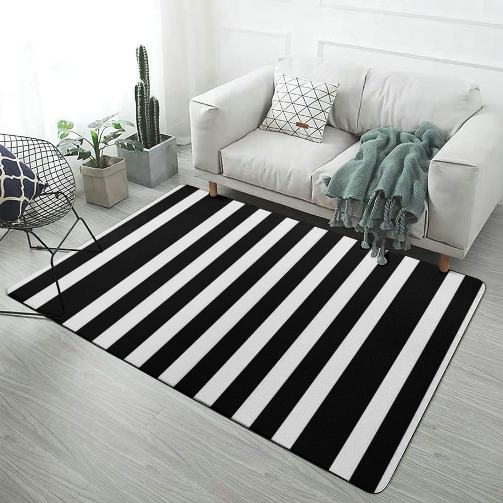 Teppich schwarz und weiß gestreift, weiche Bodenmatte für Wohnzimmer, Schlafzimmer (100 x 150 cm)