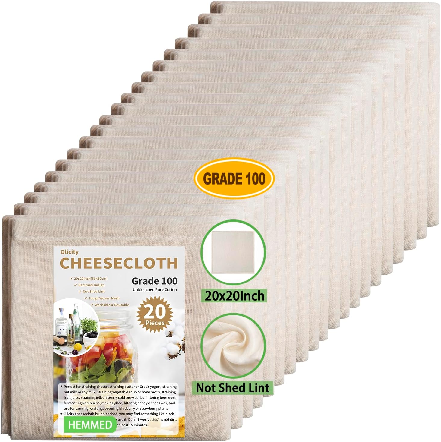 Olicity Cheese Cloths Bulk, Grade 100, 20x20Inch Hemmed