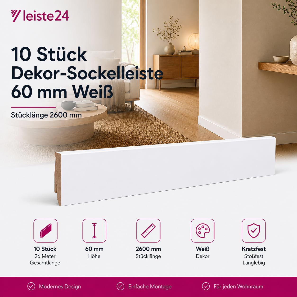 Leiste24 Lot de 10 plinthes en MDF avec chemin de câble et découpe à clip - Blanc - 26 m - 60 mm - Pour stratifié, vinyle, parquet et carrelage