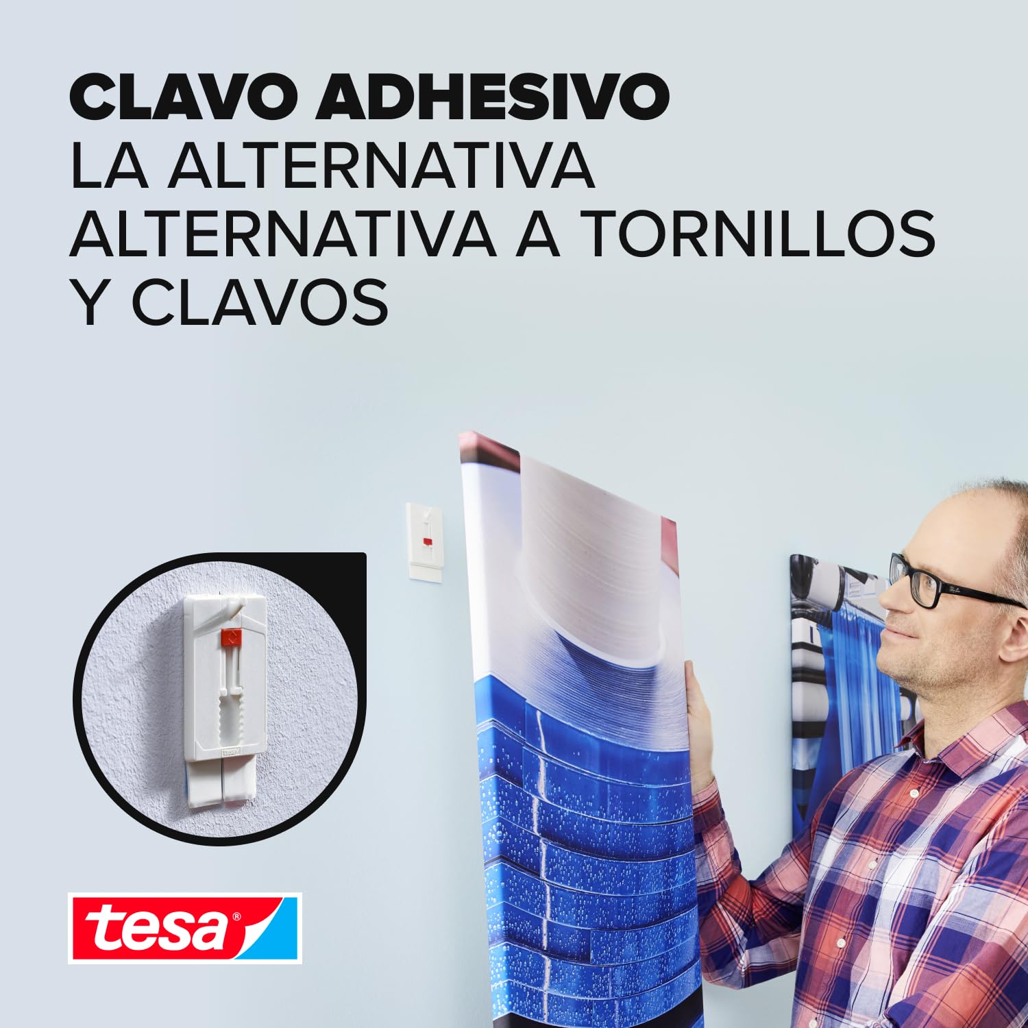 tesa Clavo Adhesivo Ajustable para Paredes Pintadas y Yeso 2 kg, Colgador con Altura Ajustable Sin Perforaciones, Paquete con 2 Clavos Adhesivos y 6 Tiras