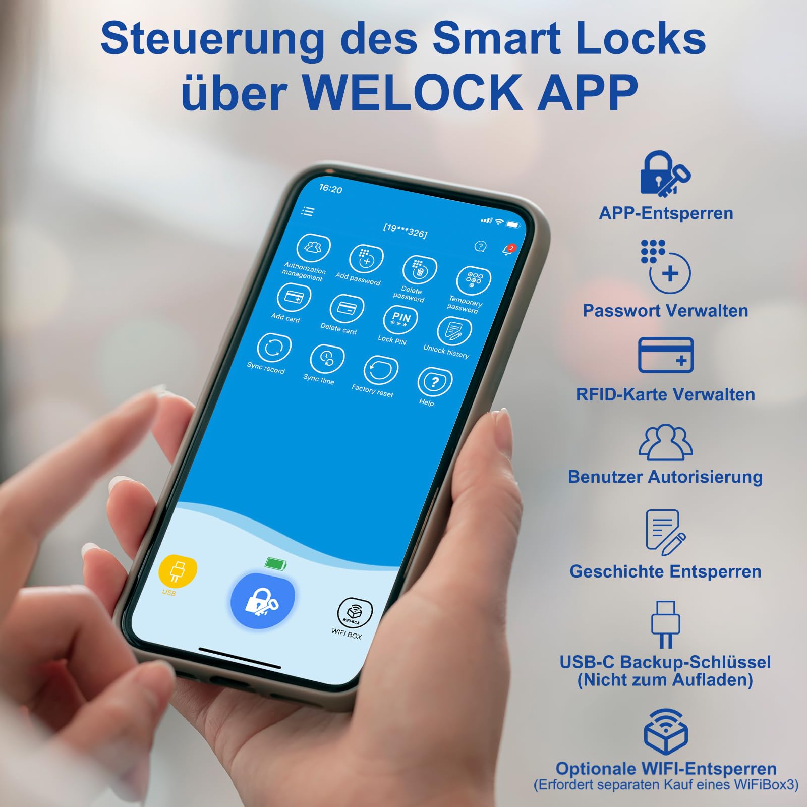 WELOCK PCB41 Elektronisches Türschloss,Smartes Türschloss | mit Passwort,RFID-Karte,APP,WiFi,Elektronisches Türschloss haustür IP65,Einstellbarer Schließzylinder für Türen von 50-100mm,