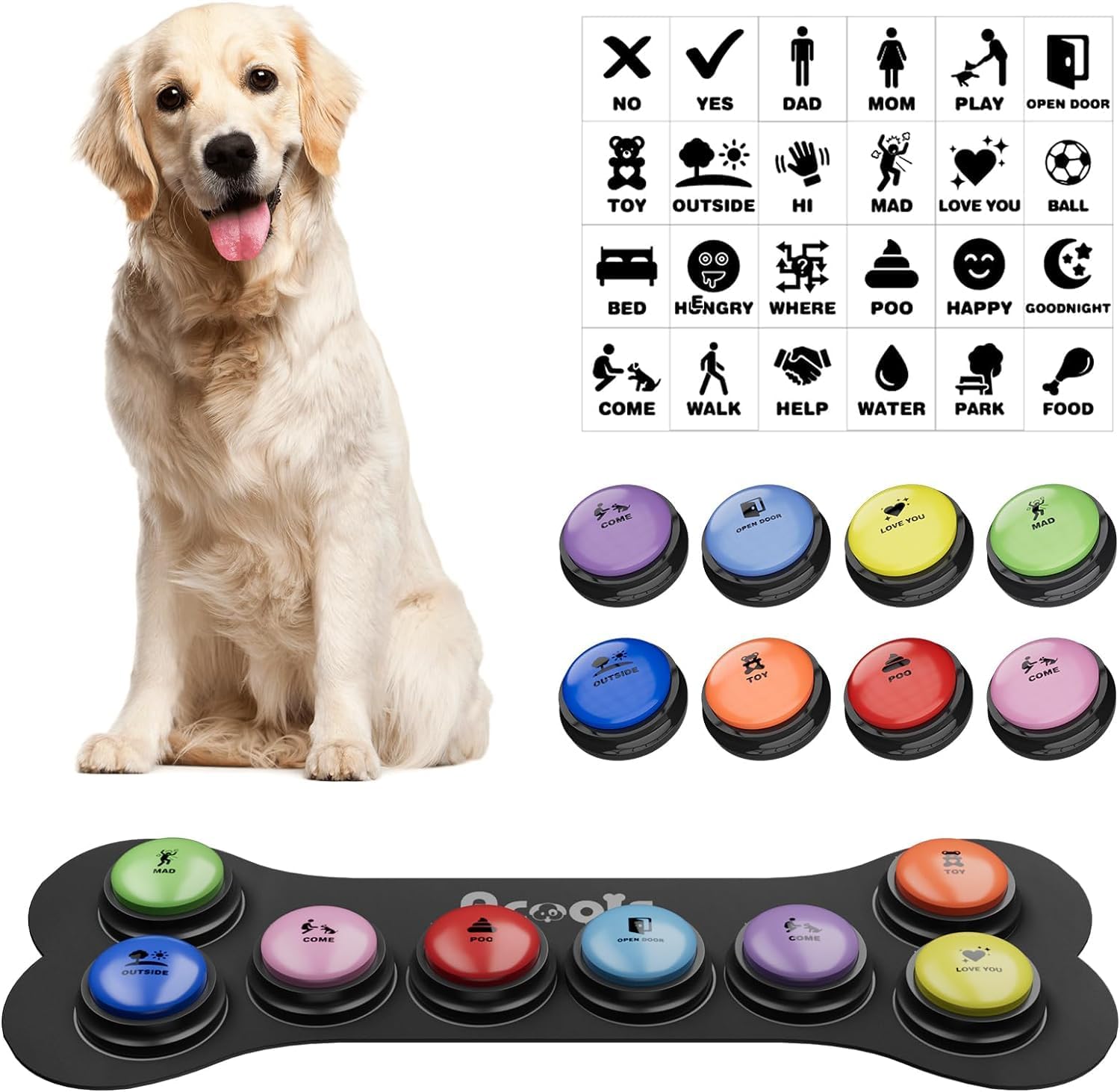 Dog Buttons for Communication, 8 Pcs Dog Talking Button Set, 30s Recordable Voice Pet Buzzer Training Buttons, Speaking Button for Dogs with Waterproof Anti-Slip Dog Button Mat and 48 Scene Stickers