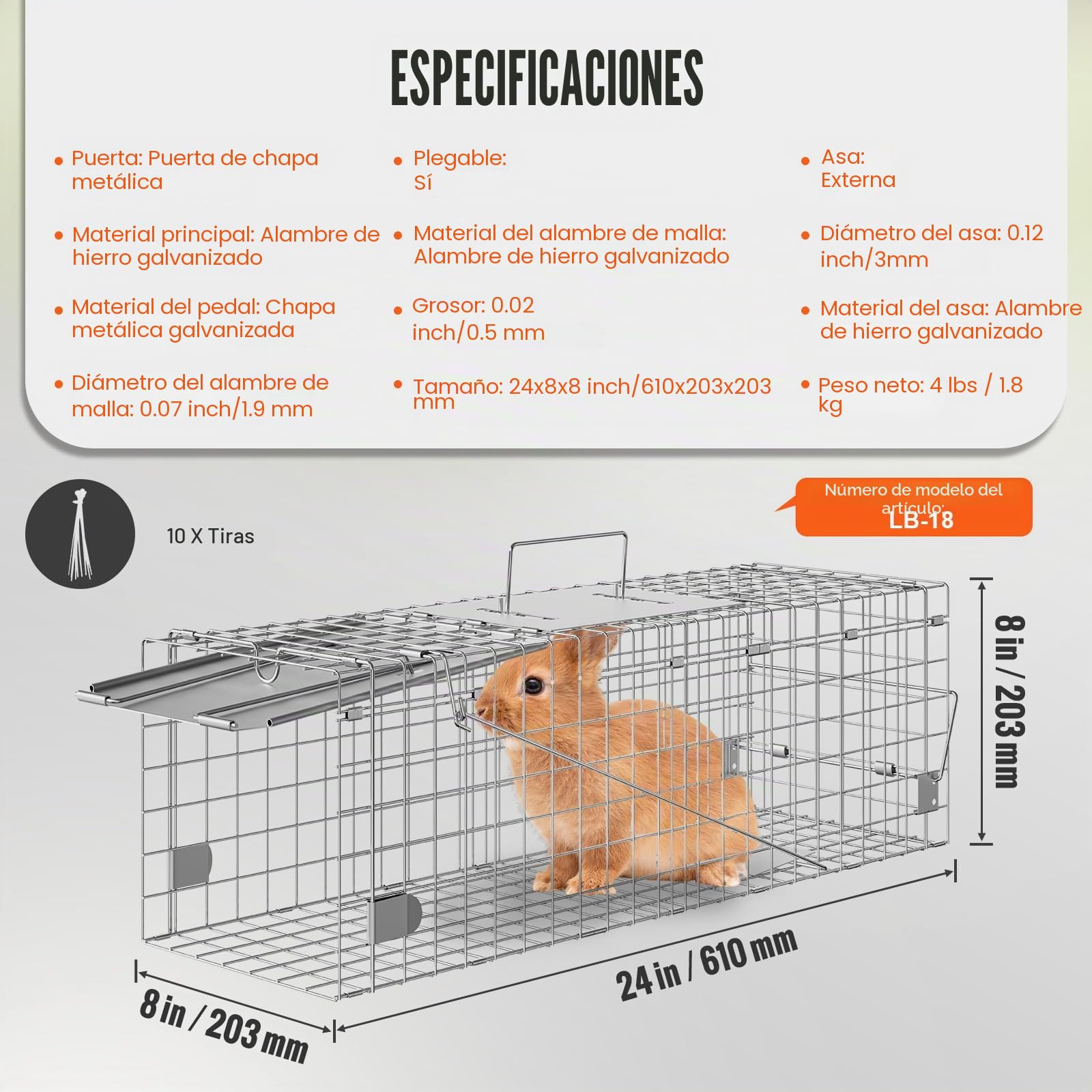 VEVOR Trampa para Animales 610x203x203 mm Jaula Plegable para Trampa para Gatos Alambre Galvanizado sin Crueldad con Asa Trampa para Conejos, Gatos Callejeros, Ardillas, Mapaches, Marmotas, Zarigüeyas
