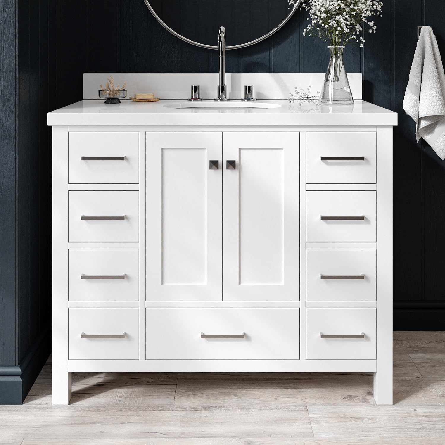 ARIEL Cambridge 42-inch Bathroom Vanity with Sink,Solid Wood, 1.5-inch Pure White Quartz Countertop & Backsplash, Single Oval Porcelain Sink, 2 Soft