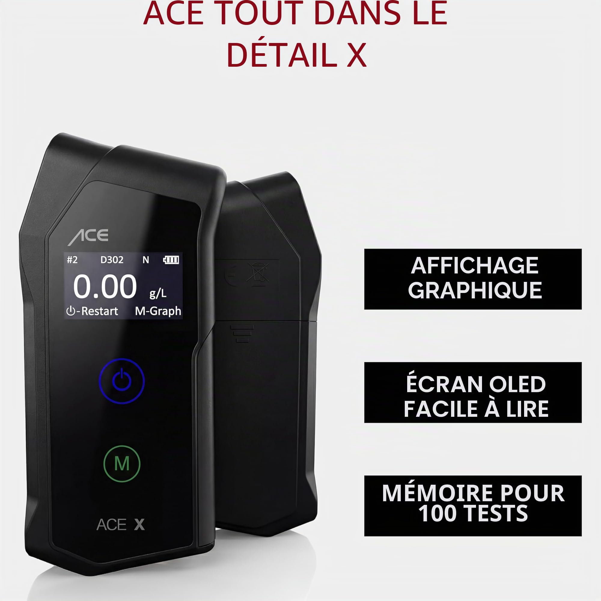 ACE X Éthylotest Électronique - Usage Personnel Testeur d'alcool - Alcootest Précision 99,1% …