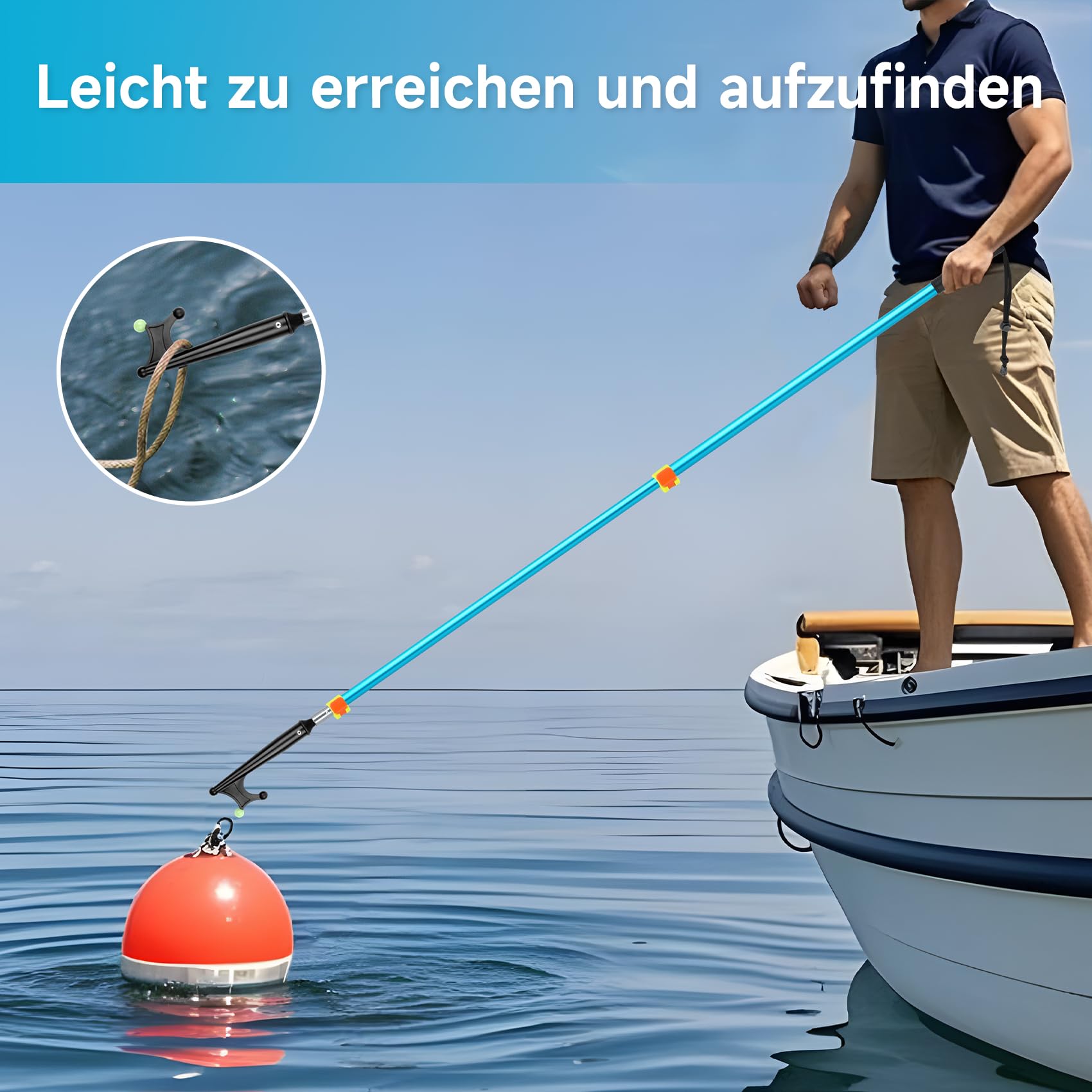 KOMCLUB Gancio telescopico per barca, in alluminio, design luminoso, resistente alla ruggine, durevole, forte, asta di spinta da indossare (blu, 240 cm)