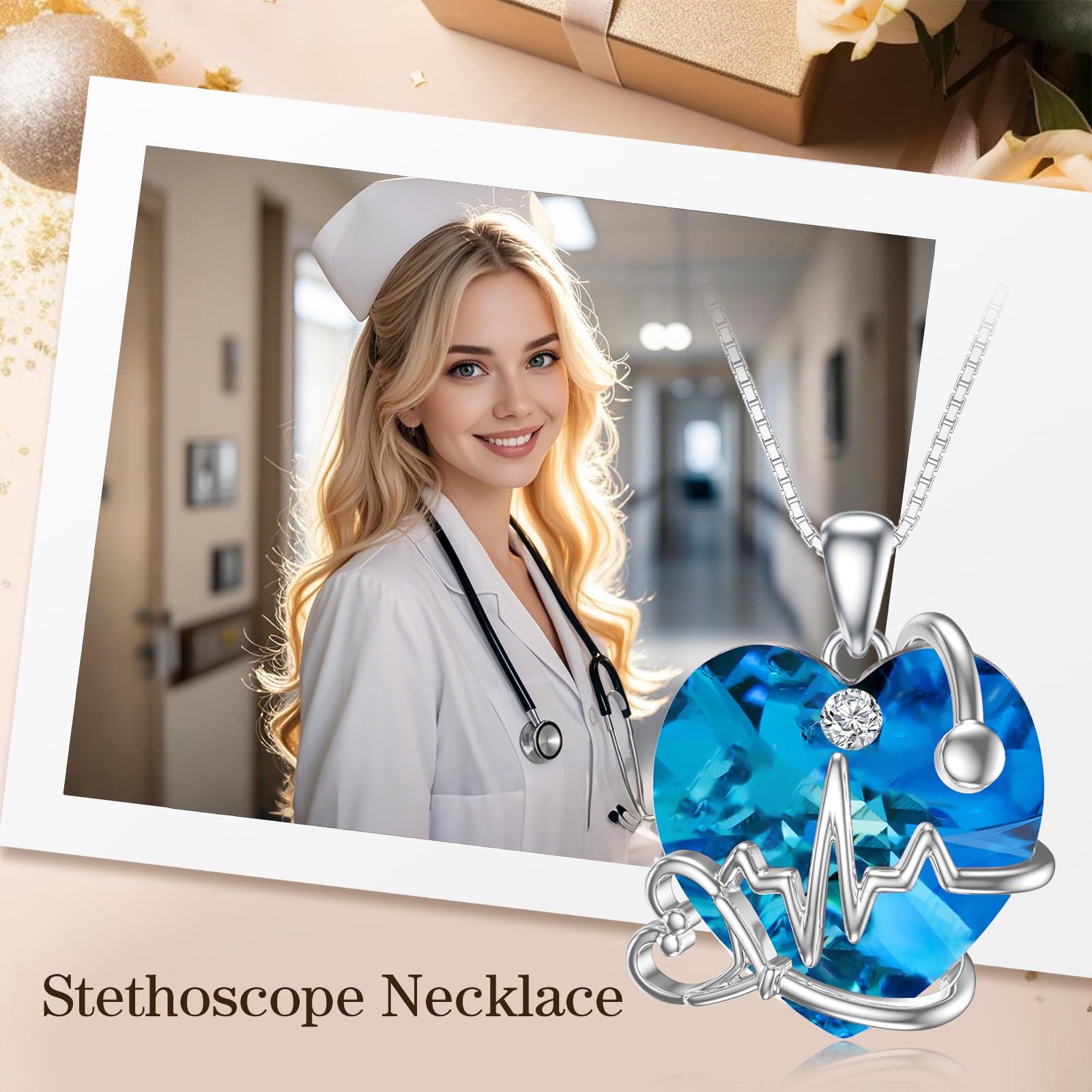 TOUPOP Stetoscopio collana da donna in argento, regalo per studentessa, infermiera, laurea, compleanno, Natale, Argento sterling