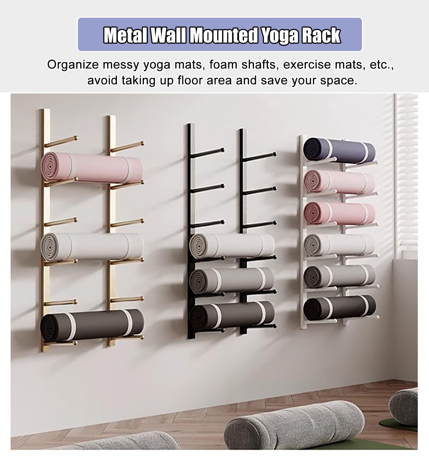 Soporte para Esterilla de Yoga de Pared,Estante Metálico Colgante para Esterilla de Yoga,Yoga Mat Strap Foam Roller Resistance Band Storage Racks,Aparatos de Gimnasia en Casa(Color:Negro)