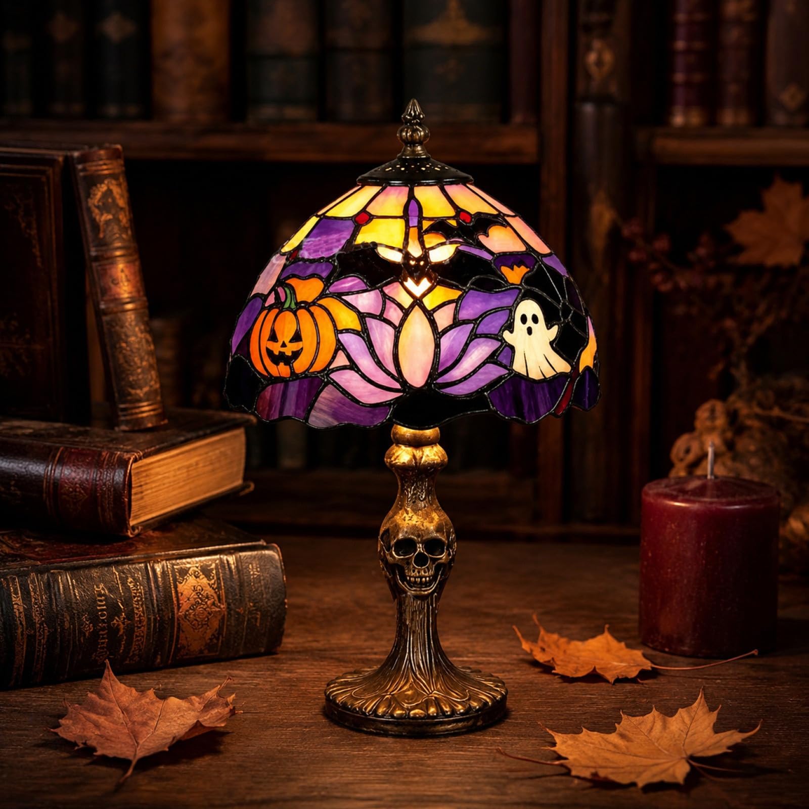 Vintage Tiffany Style Stained Glass Halloween Table Lamp, Handcrafted Pumpkin Ghost Bat Glowing LED Night Light, Gothic Fall Aesthetic Accent Decor for Bedroom, Bookshelf