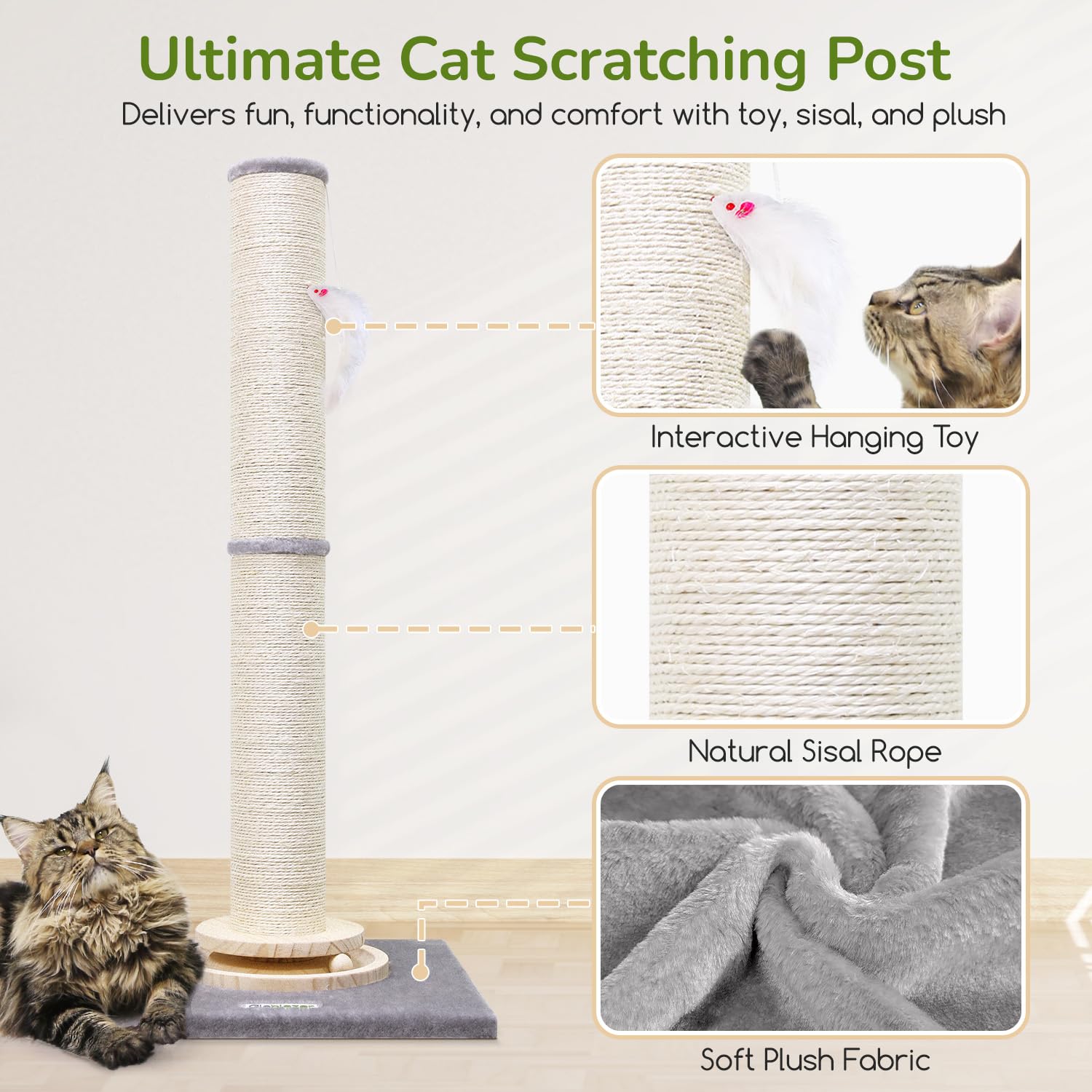Globlazer Palo Tiragraffi per Gatti Adulti, Colonne Tiragraffi Alto 90cm & 50 cm Regolabile 2 in 1 con Grande Base Palo Tiragraffi in Sisal Trackball in Legno Gatti Giocattoli (SC35, Grigio Chiaro)