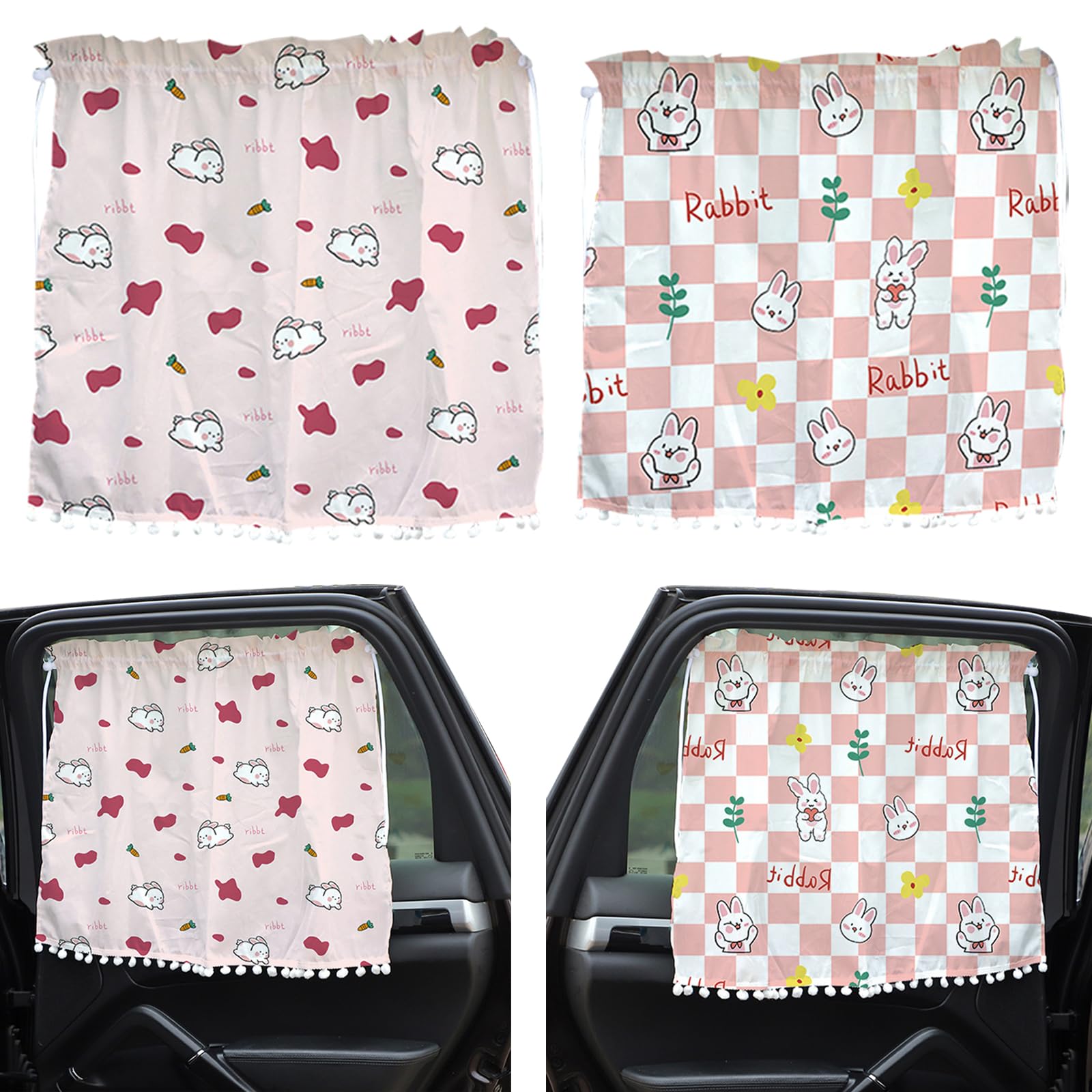 KASESSS 2Pcs Parasol Coche Bebe, Parasol Coche Lateral Protección UV, Universal Parasol Ventanas Traseras Coche, Lindo Patrón Conejo Para Sol Para Coches Niños, Cortinas Coche con 4 Ventosa, 57.5*72CM