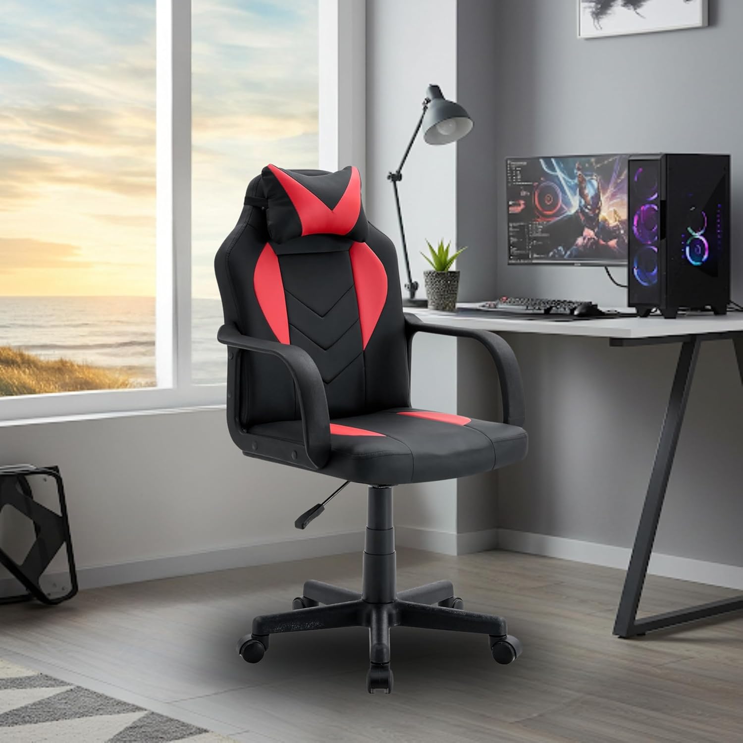 Cadeira vista lateral em uma sala de trabalho moderna com vista para o mar. Cadeira vista lateral em uma sala de trabalho moderna com vista para o mar.