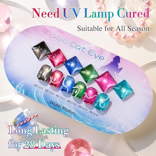 Miniatura 9 de Double Rhythm Diamond Cat Eye - Juego de 6 esmaltes de uñas de gel con purpurina reflectante, morado, azul, verde, rojo, negro, marrón, negro,