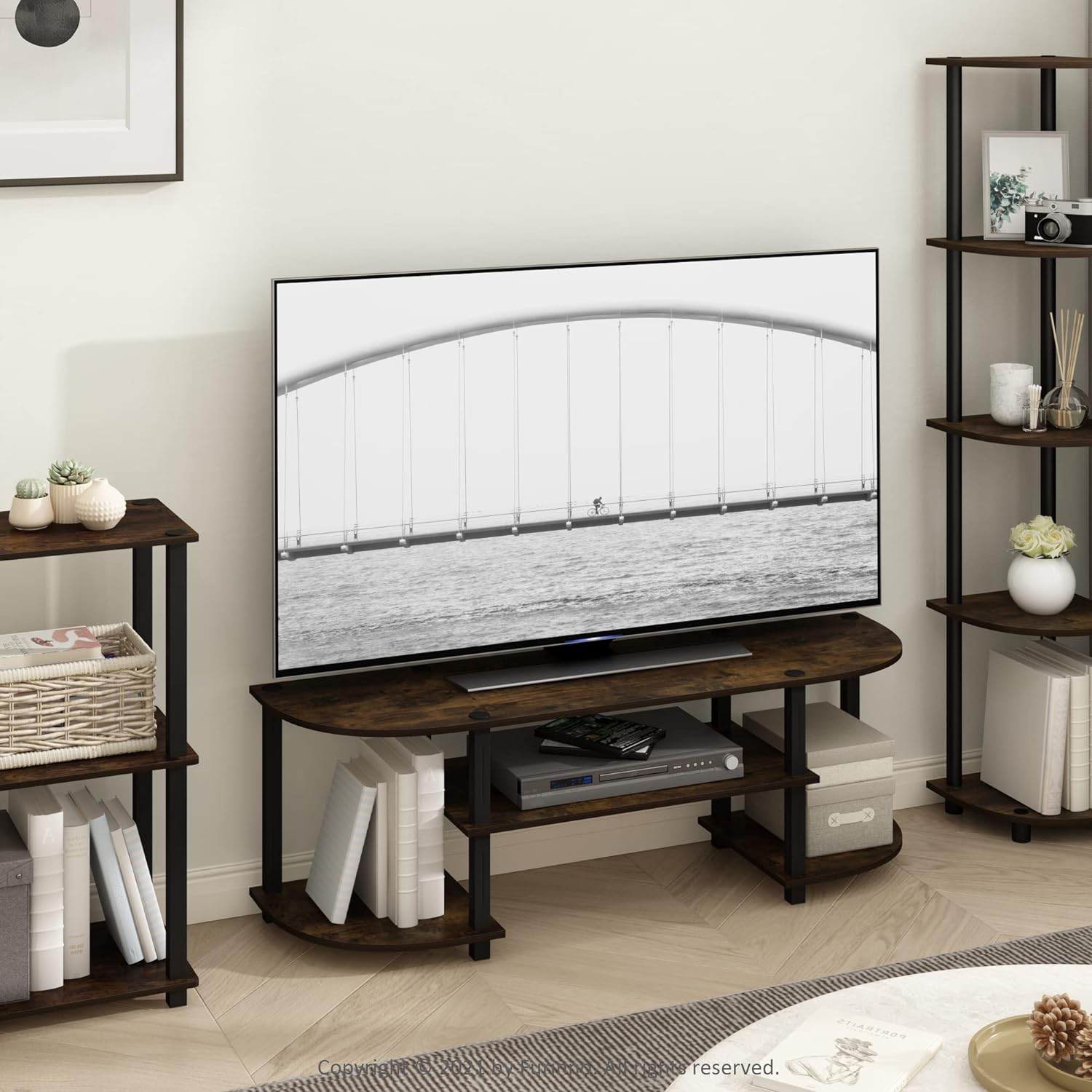 furinno turn-s-tube wide tv entertainment center, amber pine/black amber pine/black wide