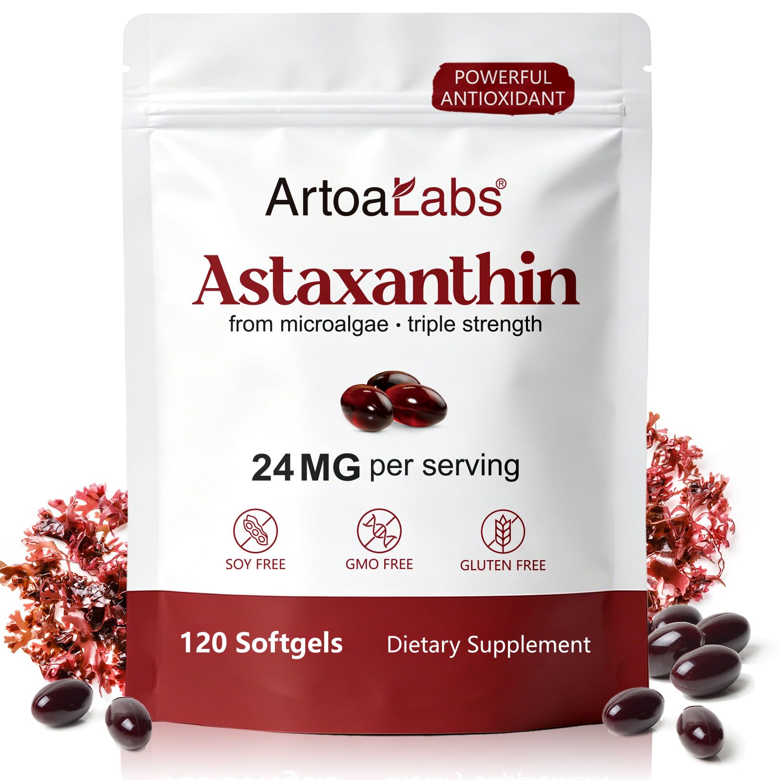 Astaxanthin 24 mg Per Serving with MCT Oil, Microalgae Source, 120 Softgels 120 Count (Pack of 1)