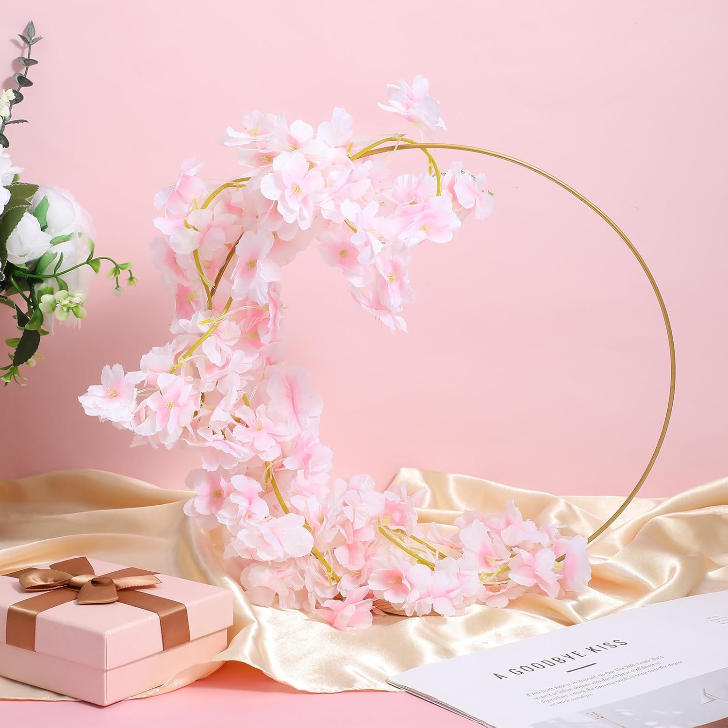 12 Pcs 12 Inch Metal Floral Hoop Centerpieces, Gold Metal Floral Hoop, Including 12 Pcs 3.3 Inch Large Round Wooden Display Stand for Making Wedding Table Wreaths, Wall Hanging Crafts image 4