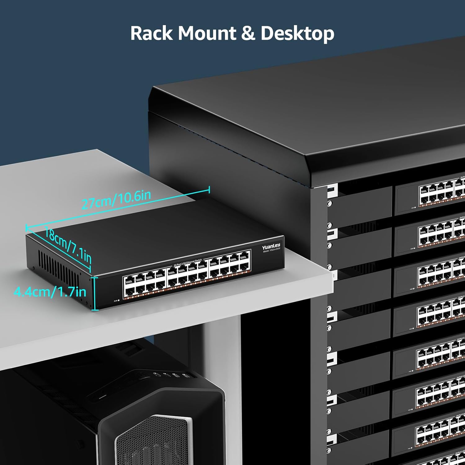 YuanLey 24-Port 2.5G Ethernet Switch, Unmanaged 2.5Gbps Network Switch with 24×2.5G RJ45 Ports, 120Gbps Switching Capacity, Fanless Metal Design, Desktop/Rackmount 2.5G Switch for NAS, PC & WiFi 6 AP