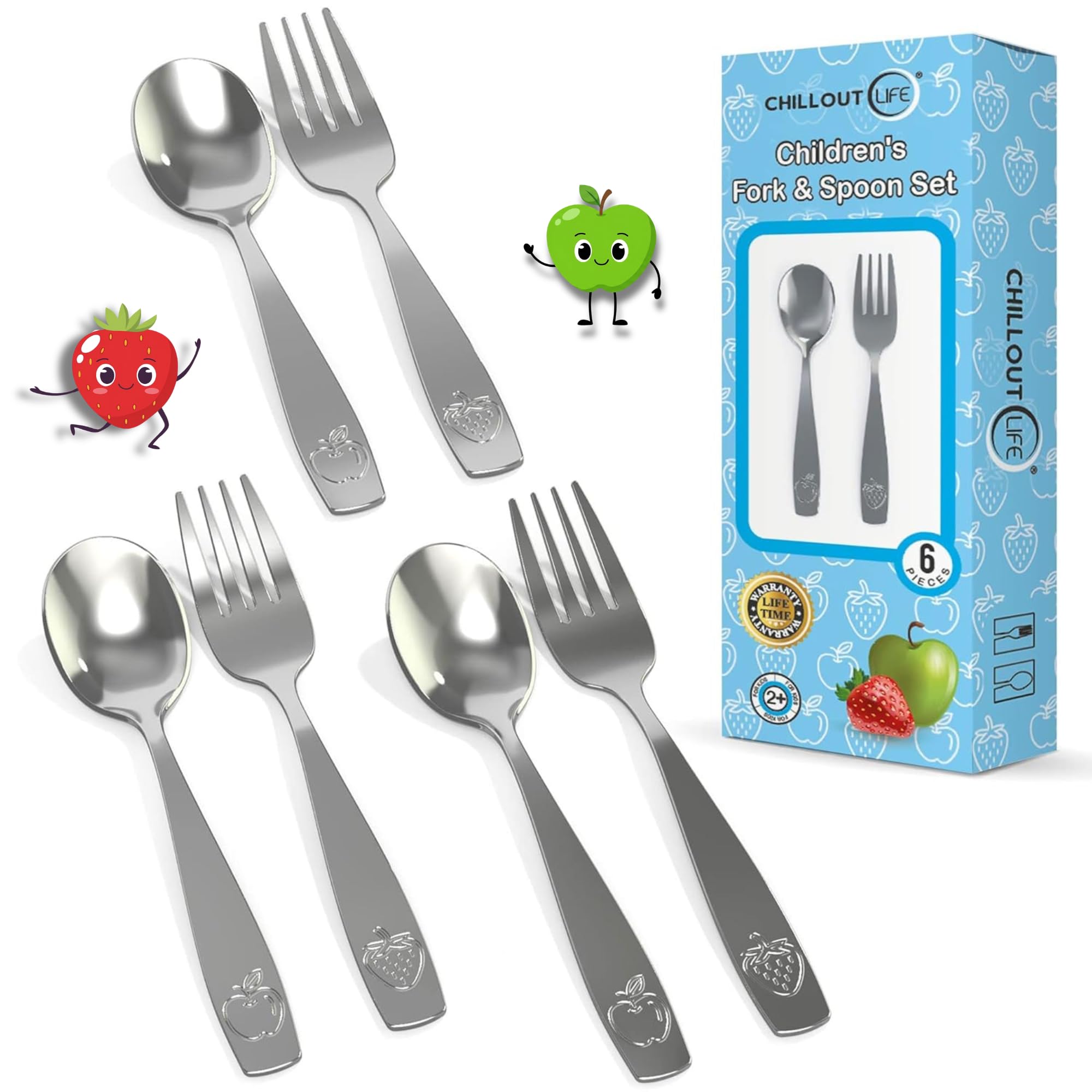 CHILLOUT LIFE Stainless Steel Kids Silverware Set 6 Pieces - Child and Toddler Safe Flatware - Kids Utensil Set - Metal Kids Cutlery Set (Includes 3 Small Kids Spoons &amp; Kids 3 Forks)