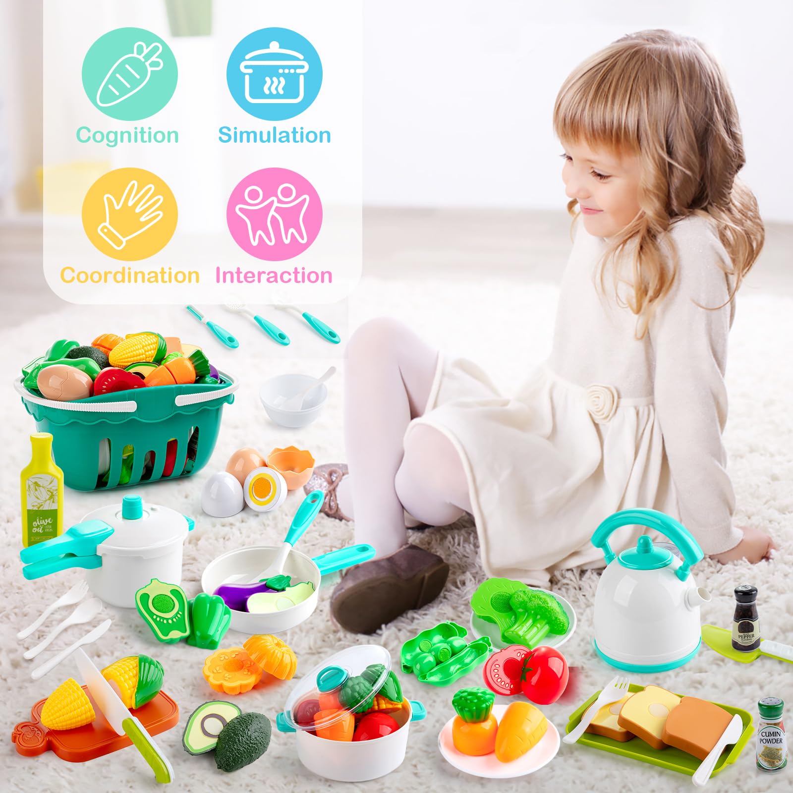 EFO SHM Cucina Giocattolo per Bambini, Accessori per la Cucina dei Giochi, Set di Pentole e Padelle, Taglio Cibo Verdura Chef Gioco, Giochi di Ruolo per Bambini 3 + Anni