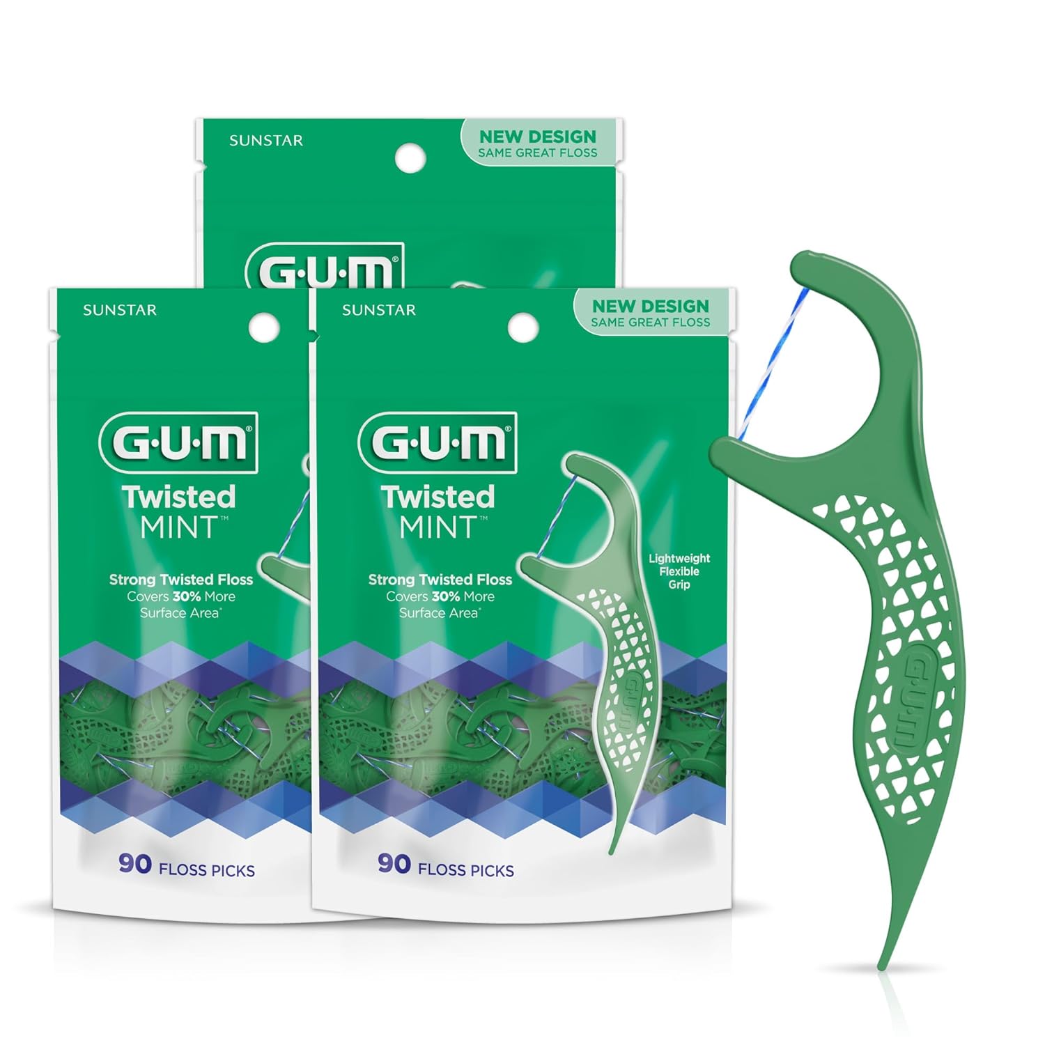 GUM Twisted Mint Floss Picks - Twisted Threads Shred-Resistant Floss Easy Grip Handle 90 Count Pack of 3