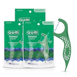 GUM Twisted Mint Floss Picks - Twisted Threads Shred-Resistant Floss Easy Grip Handle 90 Count Pack of 3