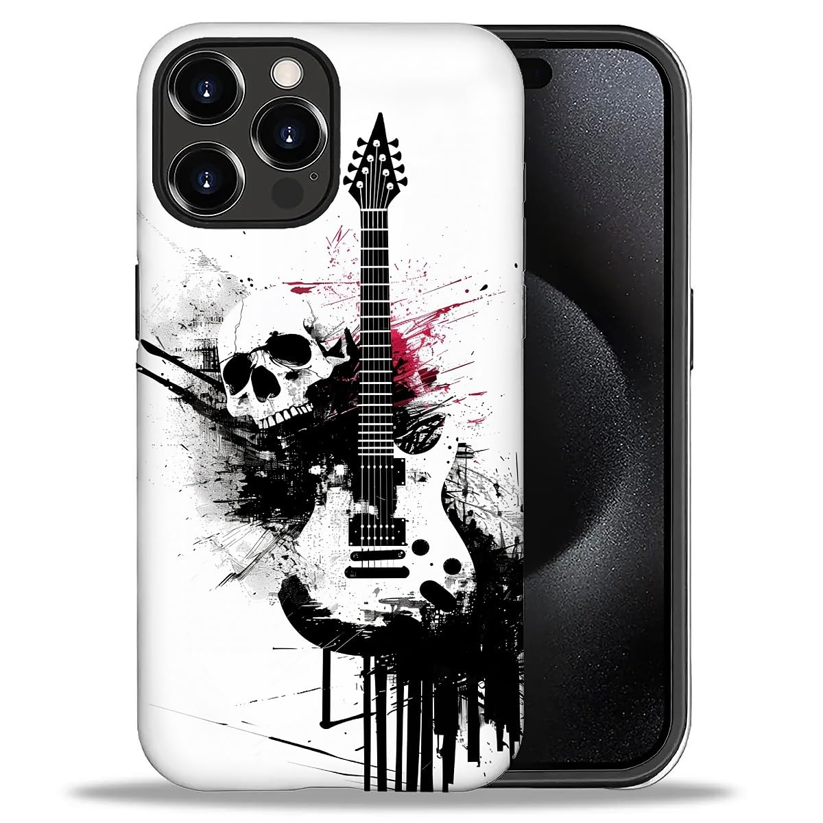 Bvkilrvc Compatible with iPhone 16 Pro Case, Black and White Guitar Skull Pattern Print Phone Case Funny Liquid Silicone Case Impact Resistant