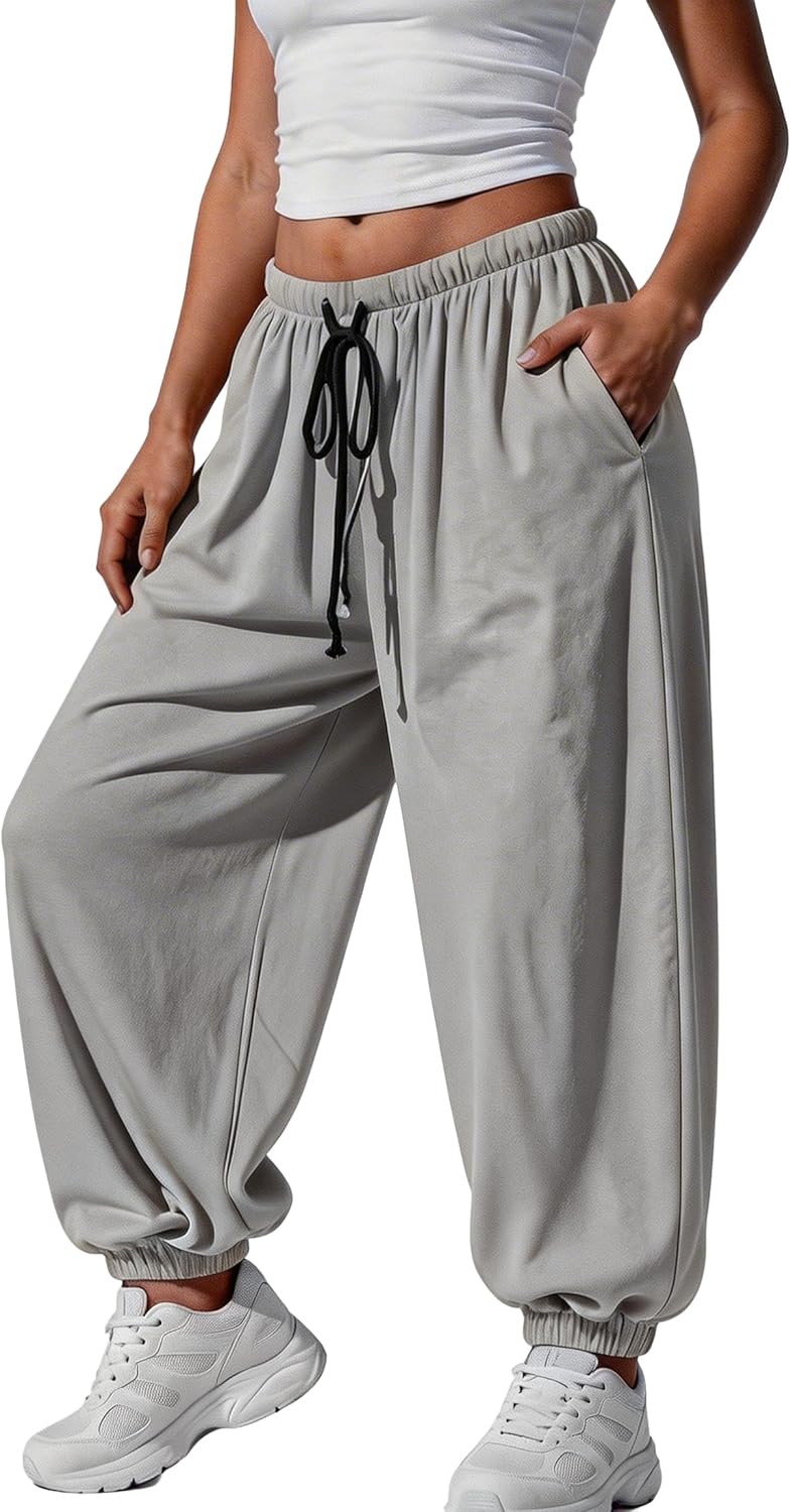 Fisoew Womens Baggy Harem Pants Casual Barrel Elastic Waist Drawstring Pleated Loose Workout Track Pants with Pockets