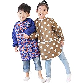 Plie Kids Painting Apron - Waterproof Long Sleeve Art Smock for Toddlers & Preschoolers, Messy Play, Baking, Crafts, Cooking, Sensory Activities (Ages 1-10), Brown Dot (42-XL)
