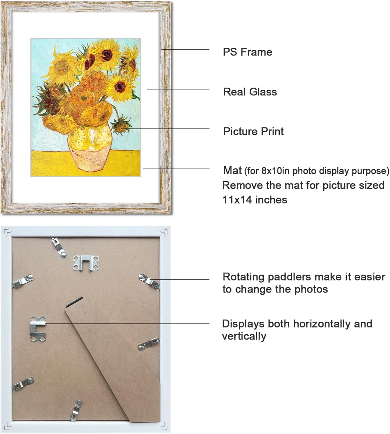 Rustic Distressed Retro Style White Frame 11x14 Picture Frame Set of 6 with Real Glass for Pictures 8x10 with Mat or 11x14 Without Mat, Wall Gallery or Tabletop display