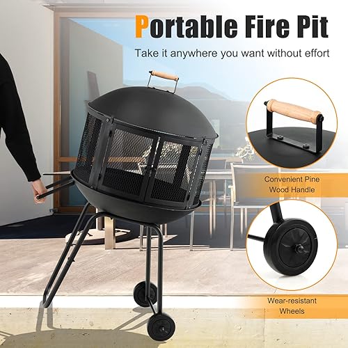 Miniatura 4 de ORALNER Hoguera portátil con ruedas hoguera de leña para exteriores de 27 pulgadas con cubierta de pantalla de chispa rejilla de troncos póquer de