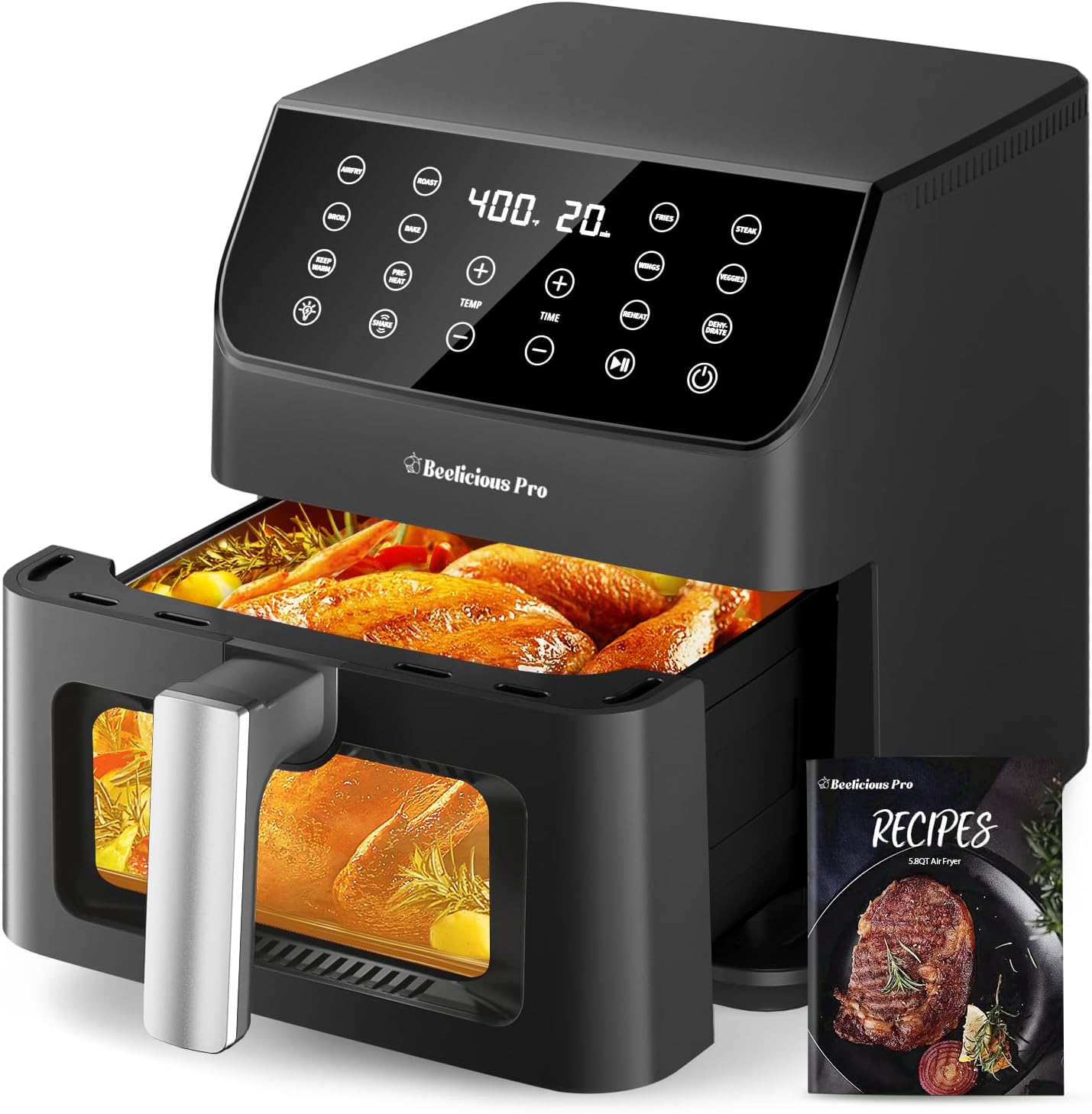Beelicious Large Air Fryer, 12-in-1 Digital Airfryer with Window, 5.8Qt, 40+ Recipes, Flavor-Lock Tech, Dishwasher Safe,Shake Reminder, Compact, Quiet, Nonstick Air Fryers. Black