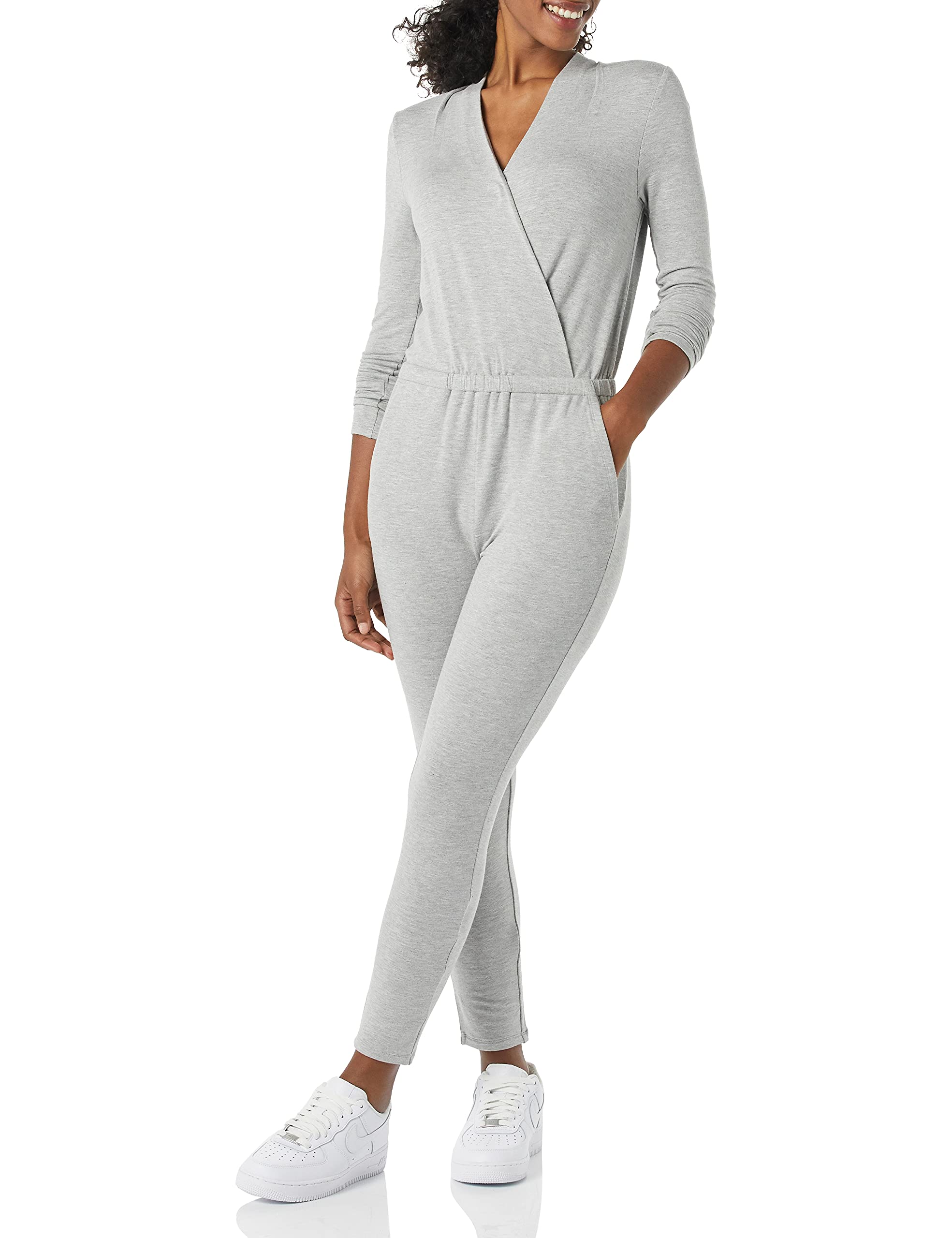 Daily RitualAmazon Essentials Women's Supersoft Terry Long-Sleeve V-Neck Wrap Jumpsuit, Grey Heather, Medium