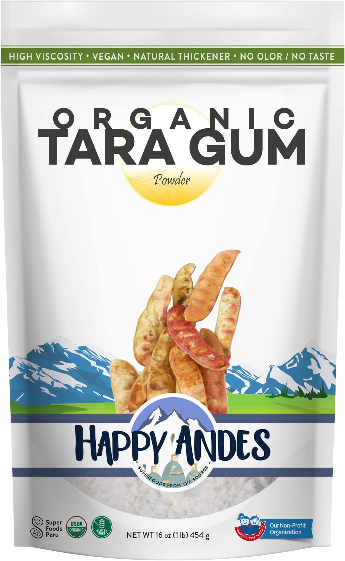 Happy Andes Organic Tara Gum Powder, All-Natural Thickening Agent for Baking & Ice Cream, Gluten Free Alternatives to Guar, Locust Bean and Xanthan Gum, Kosher and Vegan-Friendly, Non-GMO, 16 Oz