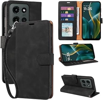 RFID Blocking Wallet for Moto G 2026/2025 Case, for Moto G Play 2026 Case, PU Leather Folio Flip Cover with 4 Card Slots, Wrist Strap, Kickstand, Shockproof Protective Black