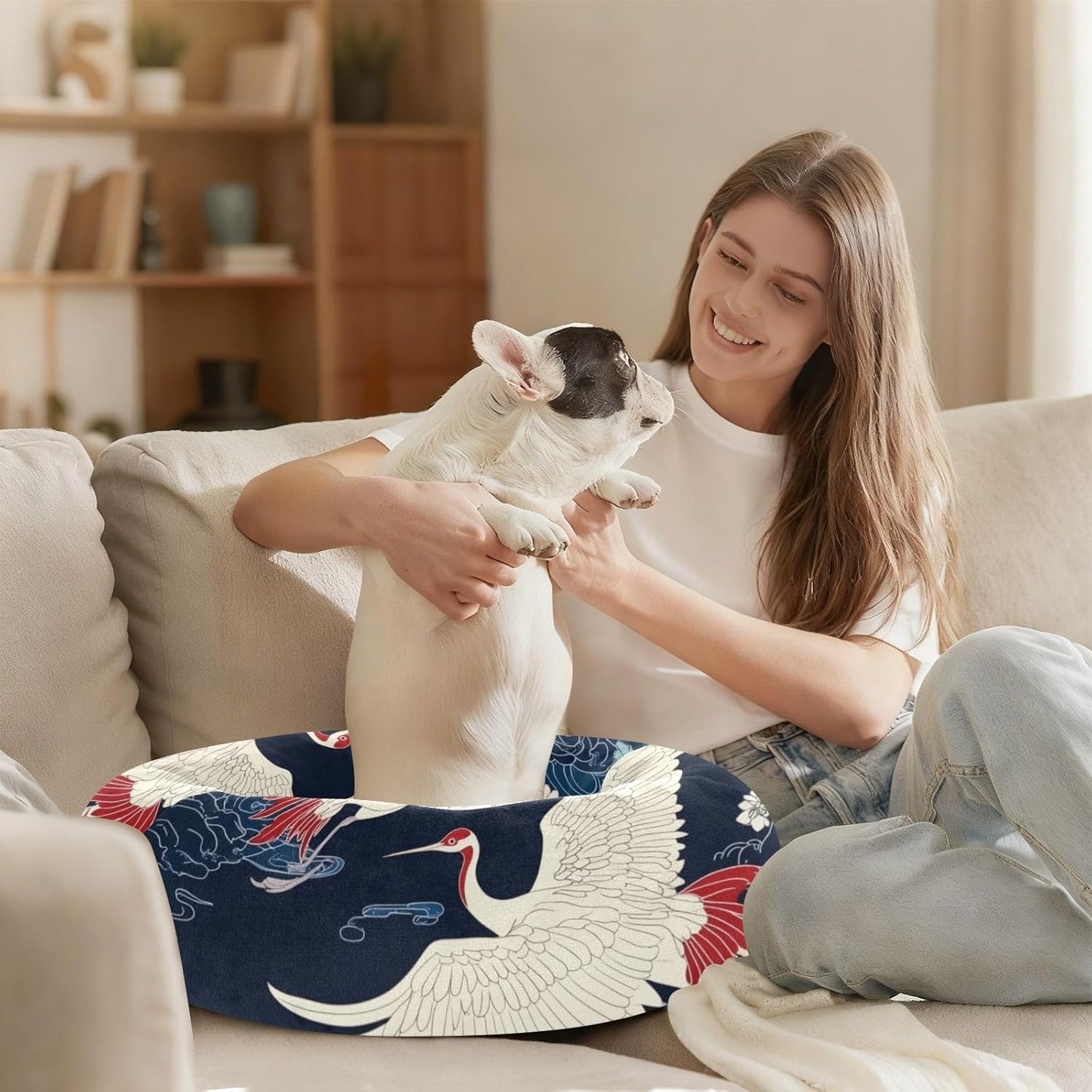 Red and White Crane Flowers Pet Dog Beds Warm & Cozy Dog Pillow Bed for Extra Small Size Pets Sleeping S