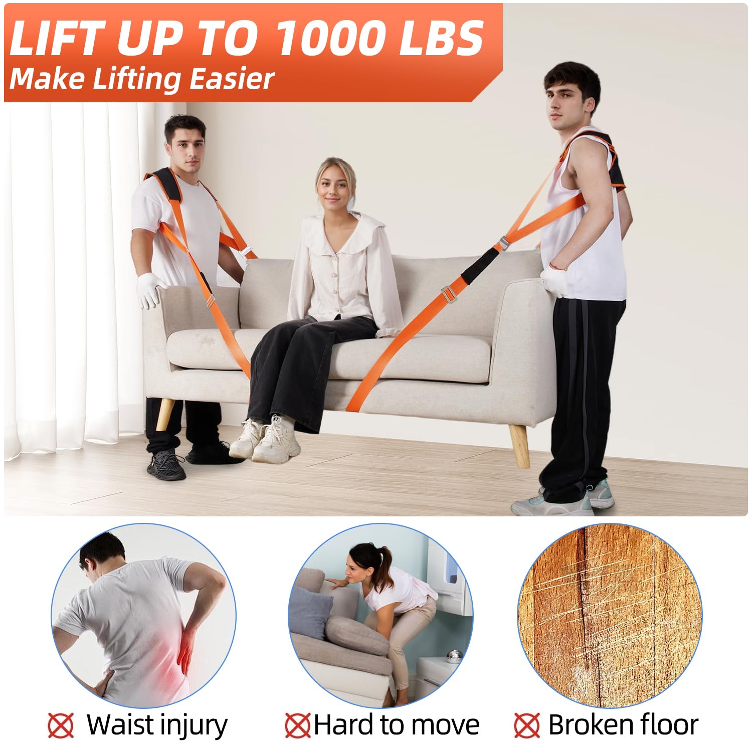 Furniture Dolly, 2-Person Lifting & Moving System, Adjustable Straps, Appliances, Heavy, Efficiently, 2 Pairs of Gloves Included