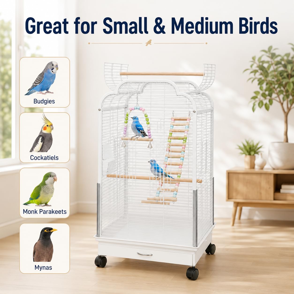 Grande cage à oiseaux avec double toit à ouverture et bol amovible, cage pour perroquet avec balançoires, armatures d'escalade, mangeoires et abreuvoirs, 48 x 45 x 95 cm (blanc)