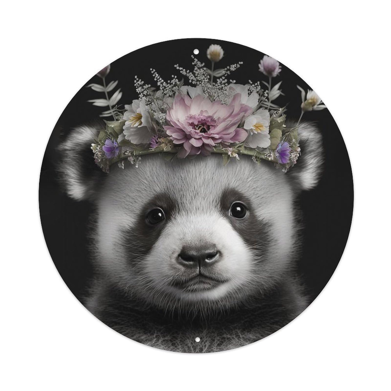 Animal Giant Panda Wild Flower Wreath Minimalist Vintage Metal Tin Sign Plaque Wall Decor for Cafe, Club Bar, Office, Garden Metal Poster 8x8Inch