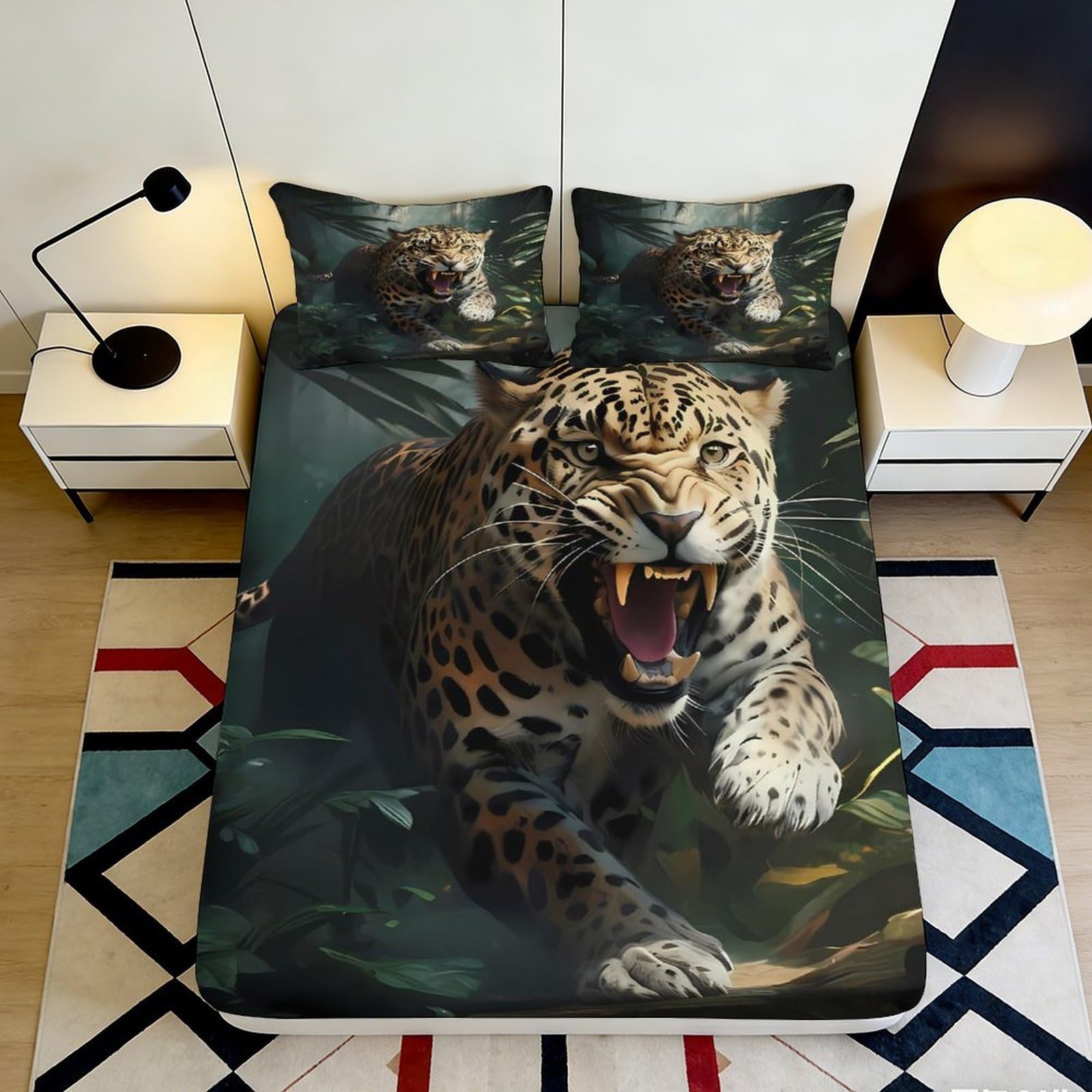 3D Printed Wild Leopard Fitted Sheet Microfiber Soft Breathable Jungle Animal Mattress Cover for Bedroom Dorm Mattress Protection Decor 160x200x25cm