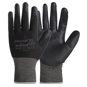 KARAM ProKut Multi Purpose Black Polyester with Black PU Coating Glove| HS22 | Size - Medium | Pack of 3